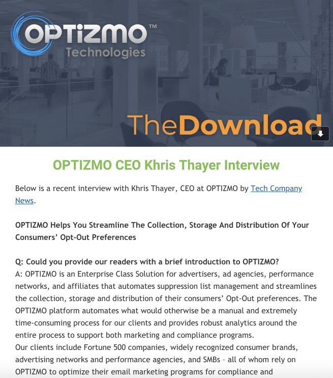 OPTIZMO May Newsletter – CEO Khris Thayer Interview