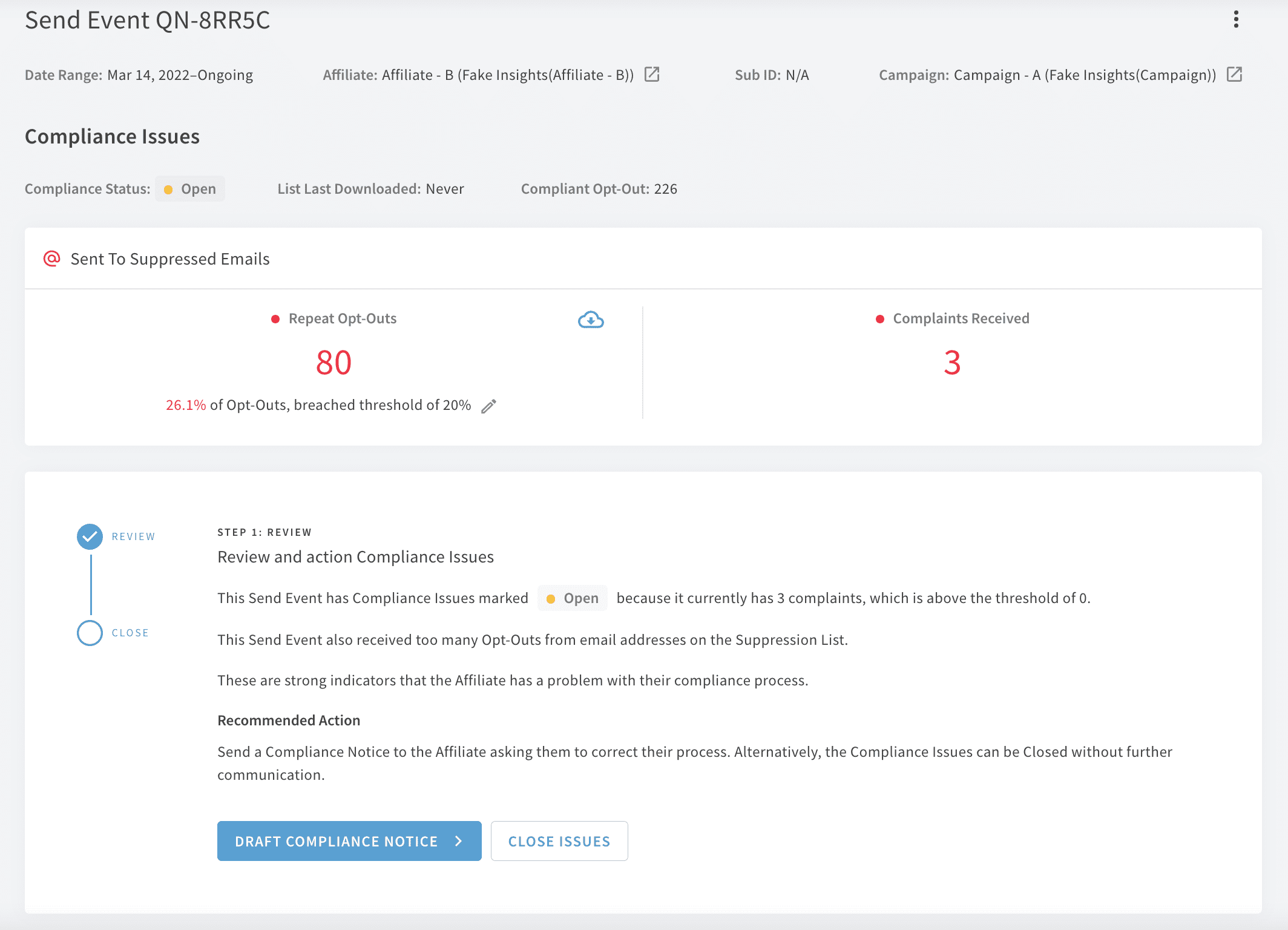 NextGen Send Event Compliance Screenshot